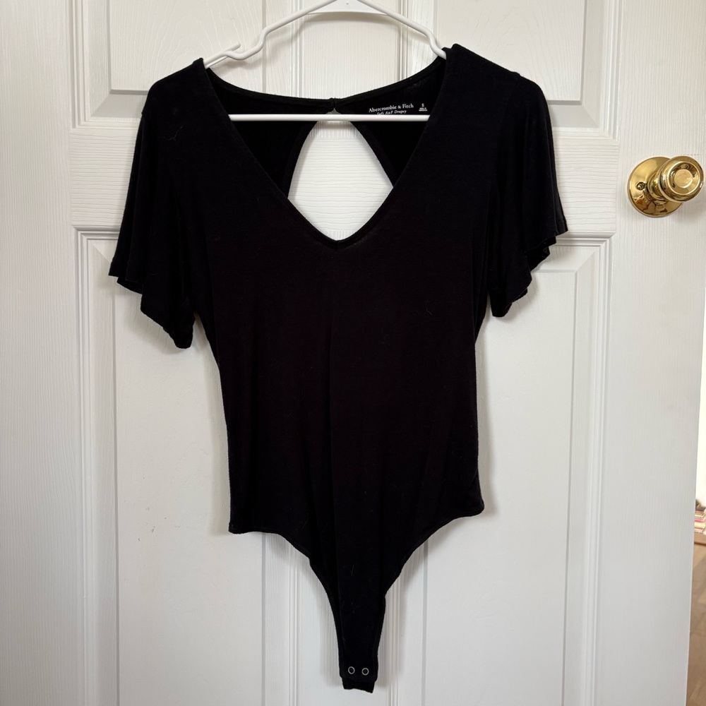 Abercrombie & Fitch Black V-Neck Snap Bodysuit with Flutter Sleeves